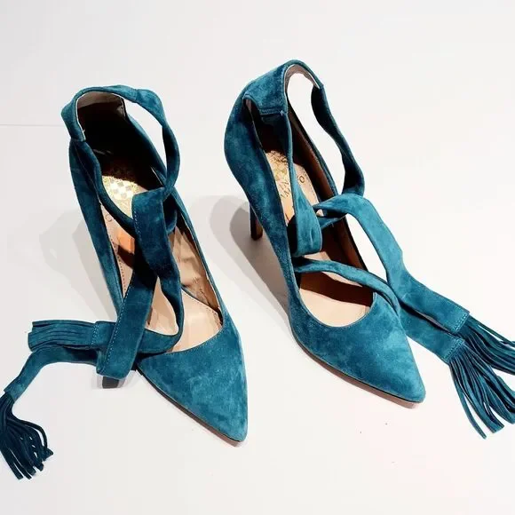 Vince Camuto Blue Suede Ankle Wrap Heels Size 7 - Picture 2 of 7